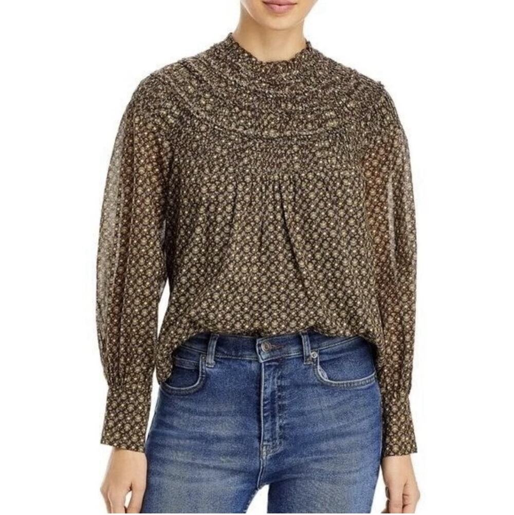 Rebecca Taylor Feather Fleur Smocked Mock Neck Floral Top 12 Brown Puff Sleeve